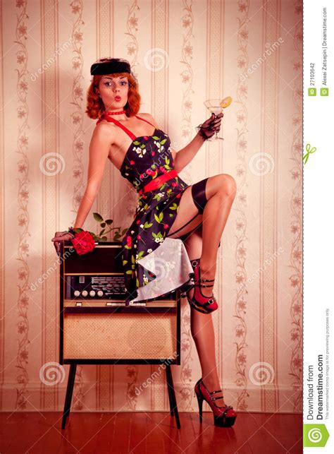 Beautiful Pin Up Woman With Martini Stock Photo Image Of