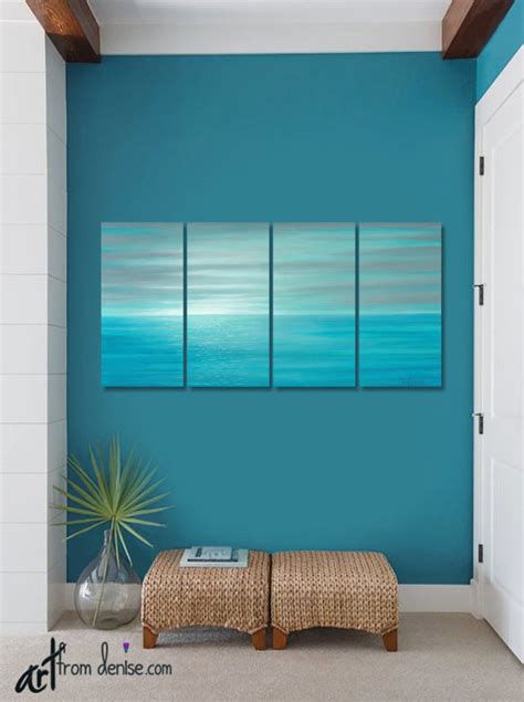 Aqua Blue Teal And Gray Coastal Wall Art Ocean Sunset 4 Panel Etsy