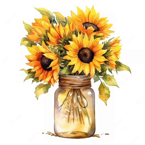Premium Photo A Watercolor Painting Of A Mason Jar With Sunflowers