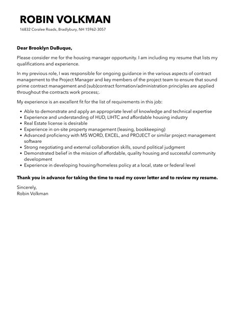 Housing Manager Cover Letter Velvet Jobs