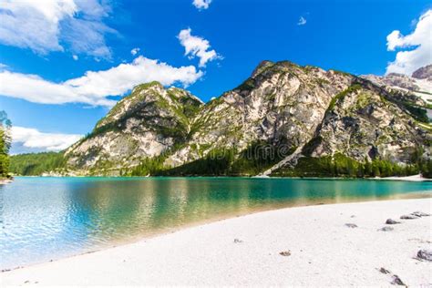 Braies Lake Lago Di Braies In The Dolomites Italy Stock Photo Image