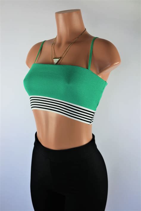 Cali Girl Green Black And White Striped Ribbed Fitted Crop Top