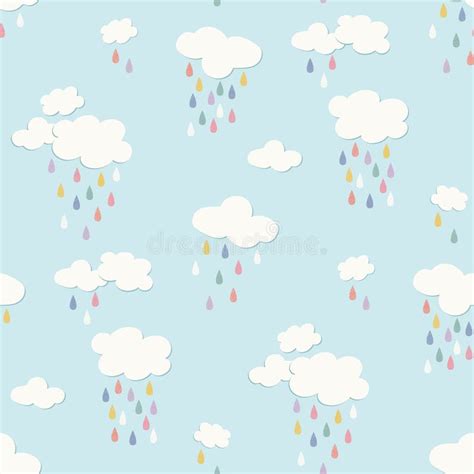Rainbow Clouds With Raindrops Vector Repeat Seamless Pattern Stock