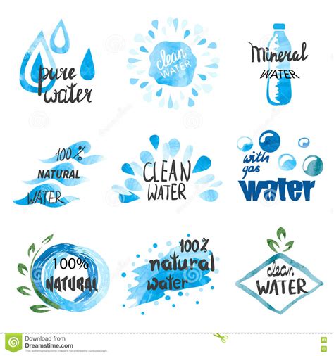 Set Of Hand Drawn Watercolor Symbols And Signs Of Pure Water Stock