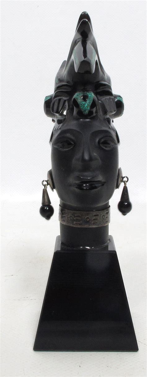 Ancient Mayan Aztec Warrior Black Onyx And Malachite Bust Statue