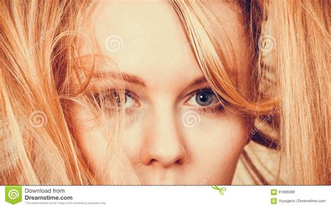 Blonde Woman Holding Her Long Tangled Hair Stock Image Image Of