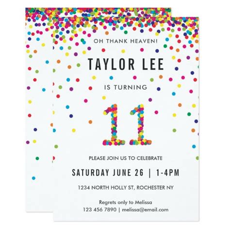 Rainbow 11 Year Old Birthday Party 11th Birthday Invitation