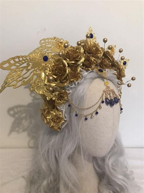 Gold Blue Butterfly Fairy Wings Halo Headdress Elven Queen Etsy