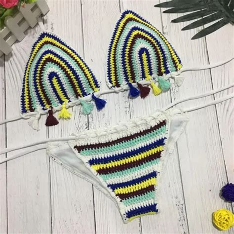 sexy women handmade crochet bikini knitting girl micro knit swimsuit colorful triangle bathing