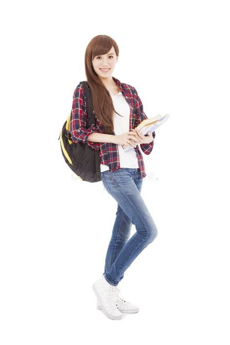 Full Length Smiling College Student Girl Standing Stock Image Image