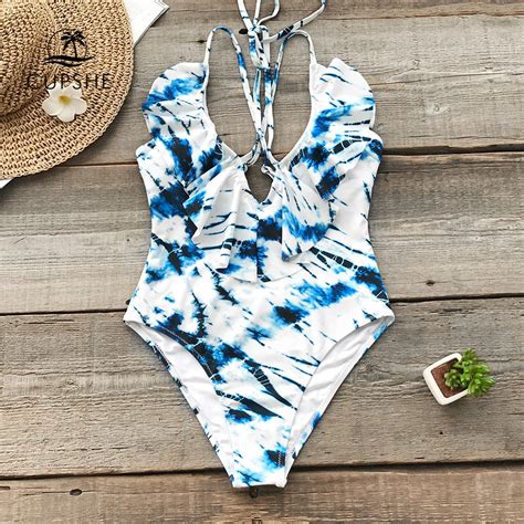 Cupshe Blue And White Tie Dye One Piece Swimsuit Women Ruffle Monokini Bathing Suits 2019 Girl