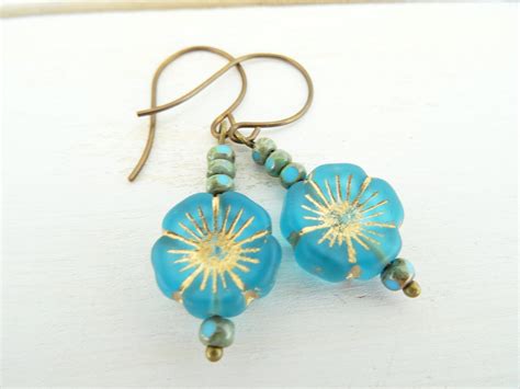 Czech Glass Earrings Flower Earrings Blue By DawnSneesbyJewellery