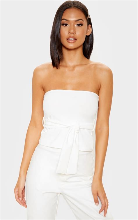 White Crepe Tie Front Bandeau Tops Prettylittlething Ie