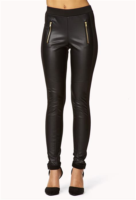 Lyst Forever 21 Faux Leather Panel Leggings In Black
