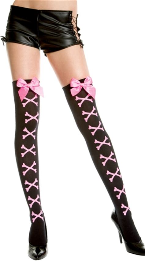 Opaque Crossbones Thigh Highs With Bow Black Thigh Highs With Pink