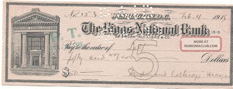 Usa 1915 The Riggs National Bank Check 50 Dollars