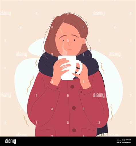 Sick Woman With Hot Drink Having Cold Shiver Trembling And Freezing