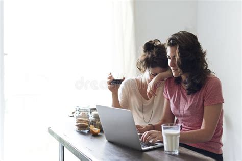 Lesbian Couple Together Indoors Concept Stock Image Image Of Drinking Browsing 84043143