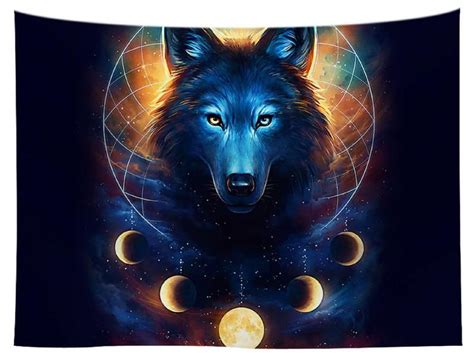 Magic Wolf In The Space Tapestry Blue Universe Galaxy Etsy