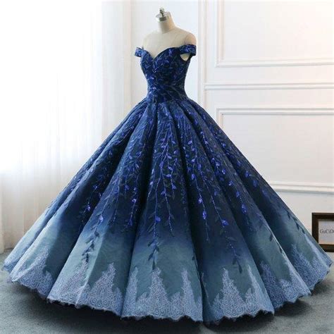 Buy Ball Gown Navy Blue Lace Applique Ombre Off The Shoulder Princess