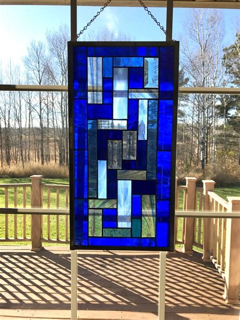 Blue Geometric Stained Glass Panel Stained Glass Window