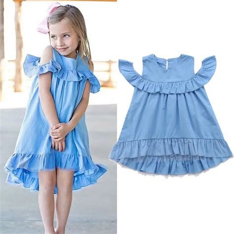Toddler Baby Girls Summer Sweet Lovely Dress Solid Blue Ruffles Off