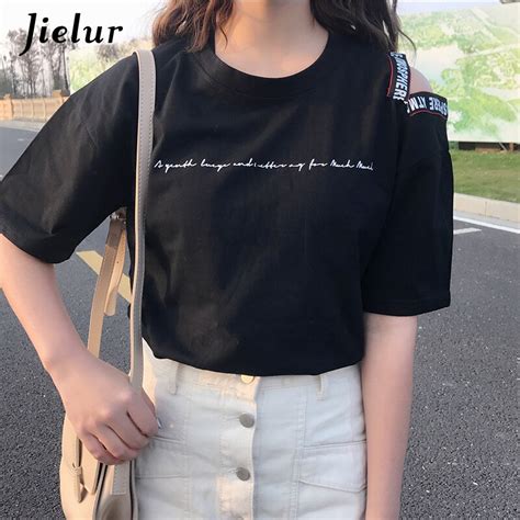 Jielur T Shirt Women Letters Hole Short Sleeve Harajuku Summer Top Femme Loose Hollow Kawaii