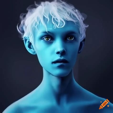 Image Of A Young Blue Skinned Humanoid Alien With White Hair