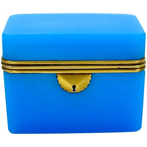 Antique French Blue Opaline Glass Casket Box With Smooth Mounts Ruby