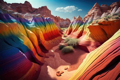 Beautiful Rainbow Colored Desert Canyon With Red Rock Formations Stock