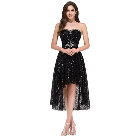 Black Sequins Sexy Women Short Front Long Back Prom Dress Gown Evening Dress High Low Prom