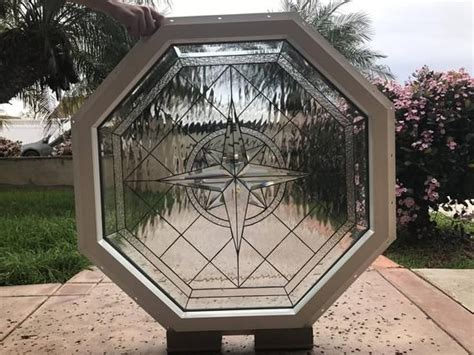 Incredible Octagon Compass Rose Stained Glass Window Panel Pre