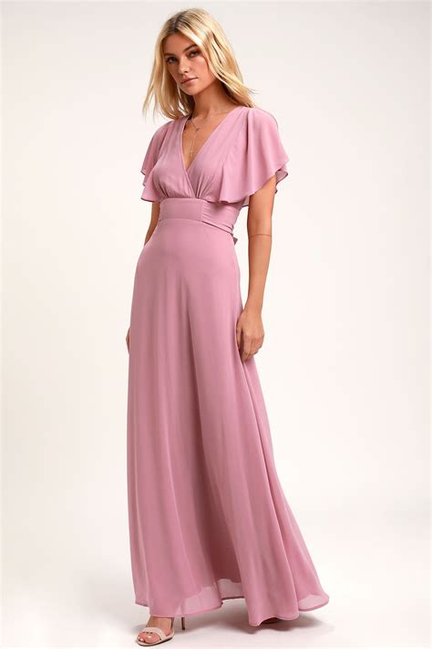 Dearly Loved Mauve Flutter Sleeve Maxi Dress Womens Purple Dresses