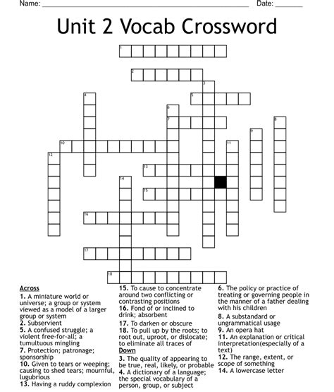 Vocab Unit 2 Crossword Wordmint