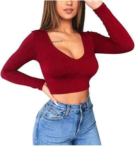 Weicy Women Tight Blouses Stylish Sexy Solid Color Shirt V Neck Long