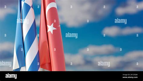 Greece And Turkey Relationship Greek And Turkish Flags On Pole Cloudy