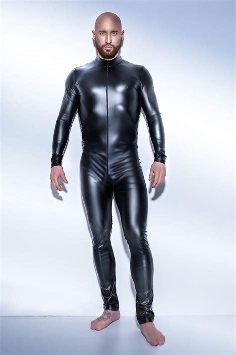 New Style Long Sleeve Men Black Patent Leather Jumpsuit Vinyl Latex