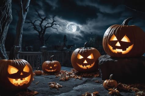 Premium Ai Image Halloween Pumpkins With Scary Faces On Dark Sky