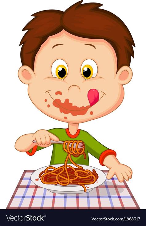 Vector Illustration Of Cartoon Boy Eating Spaghetti Download A Free