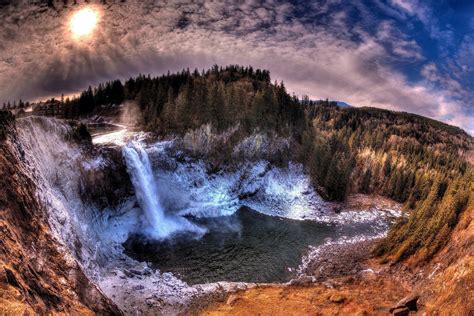 Nature Landscape Snoqualmie Falls State Washington Usa Waterfall Sunset Trees Snow Sky With Dark