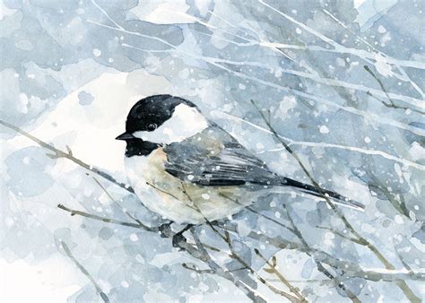 Chickadee In Snow Watercolor Painting Archival Art Print Bird
