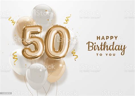 Happy 50th Birthday Gold Foil Balloon Greeting Background Stock