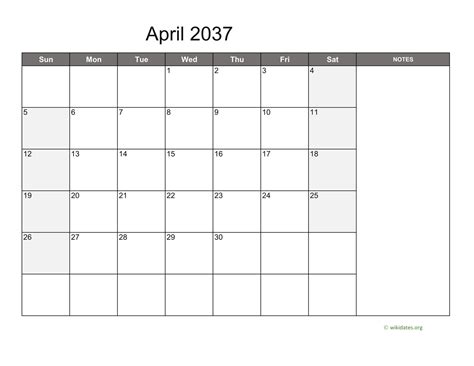 April 2037 Calendar With Notes