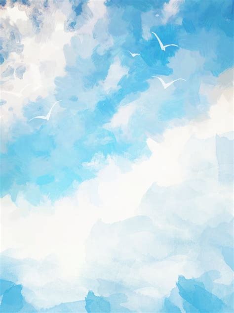 Pure Hand Painted Style Watercolor Blue Blue Sky With White Clouds