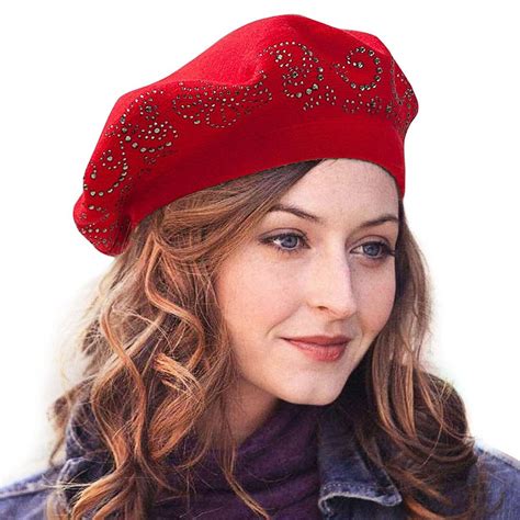 Wool Beret For Women 2 Layers Rhinestones Headgear Knit Hats Winter