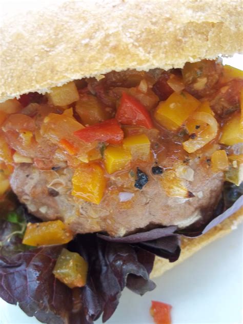 GOAT CHEESE STUFFED TURKEY BURGERS WITH EGGPLANT CAPONATA AND SPINACH