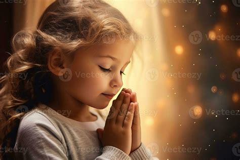 Cute Small Girl Praying In The Church And Jesus Giving Blessing
