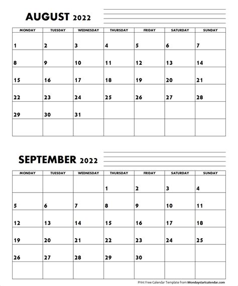 August September 2022 Calendar Monday Start Two Months Template