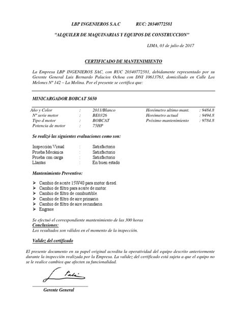 Certificado De Mantenimiento S650i Tecnología General Ciencia