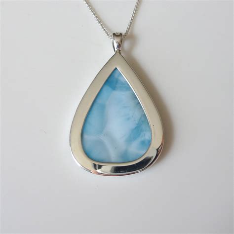 Large Larimar And Sterling Silver Pendant Natural Blue Stone Necklace
